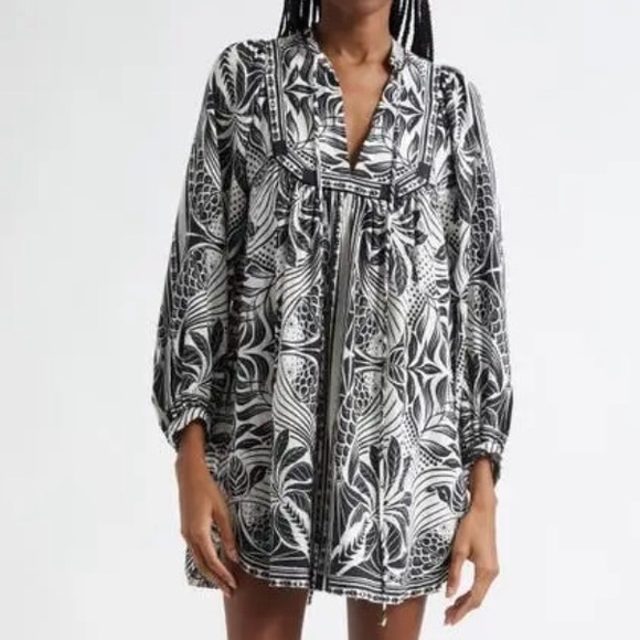 FARM Rio Monochrome elegance scarf print long sleeve linen blend mini dress - Picture 1 of 7